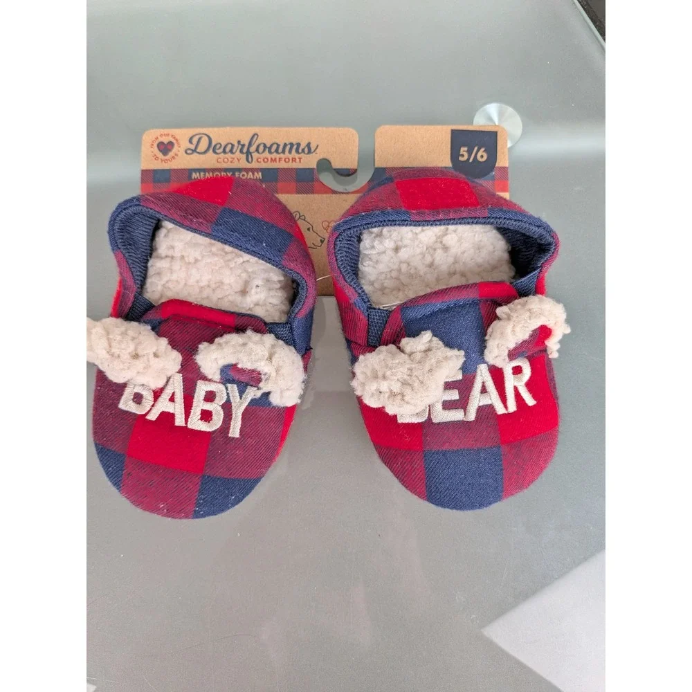 Dearfoams Baby Bear Plaid Slippers Red Navy Blue Buffalo Check Memory Foam 5-6